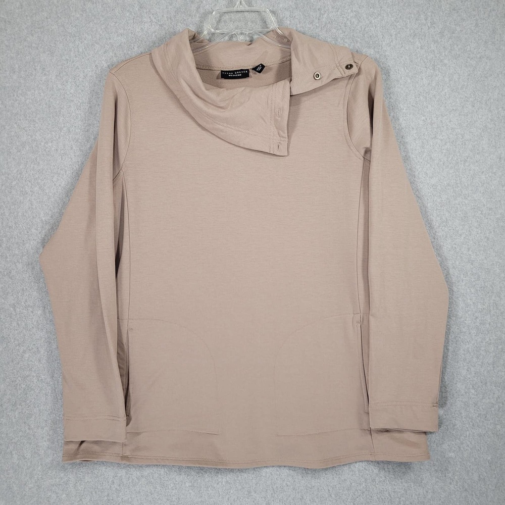 Susan Graver Plush Back Funnel Neck Top XL Tan Pocket Long Sleeve